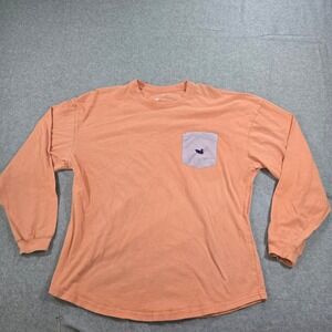 Southern Marsh Mens Long Sleeve Pocket T-Shirt Coral Orange Seersucker Logo M